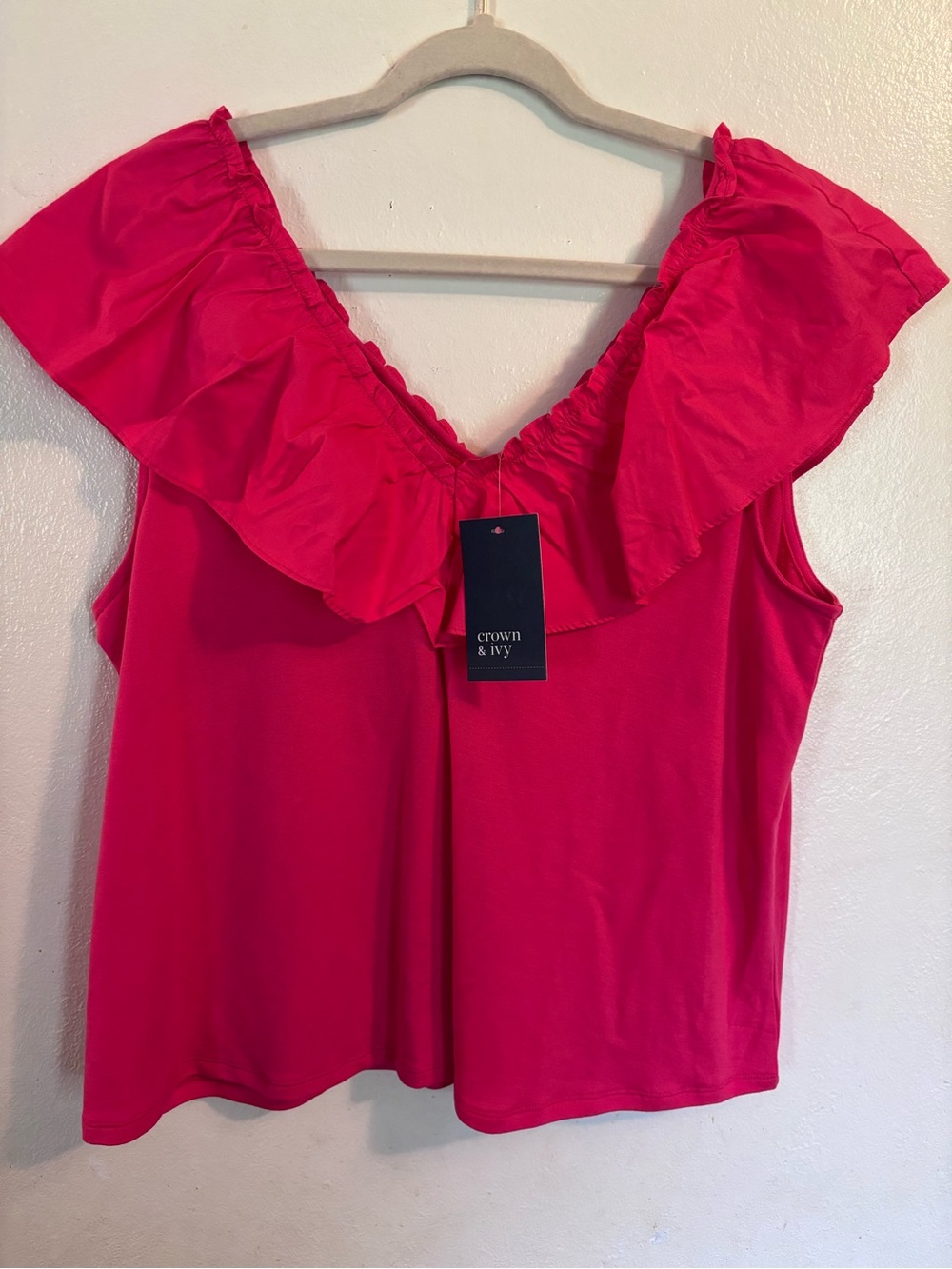 crown & ivy Hot Pink Ruffle V-Neck Tank